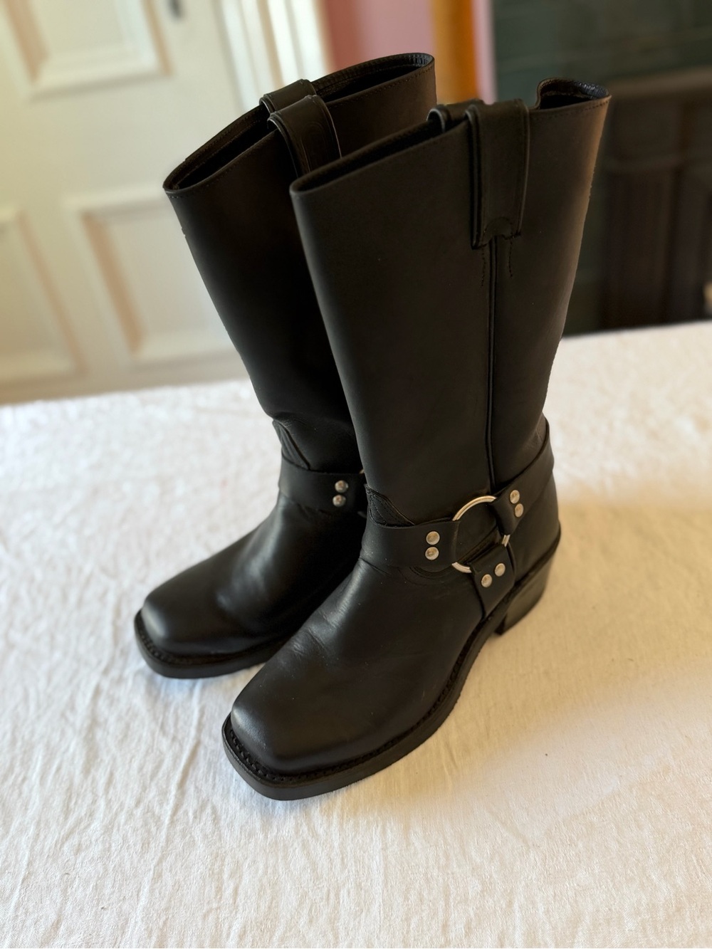 Women’s Boulet Square Toe Leather Harness Motorcycle Boots Black Size 7
